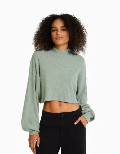 FEMME BERSHKA Maille*Top cropped manches longues col montant
