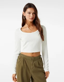 FEMME BERSHKA Tee-shirts*Top manches longues bord-côte texturé