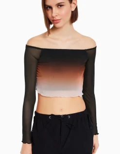 FEMME BERSHKA Tee-shirts*Top manches longues col Bardot tulle