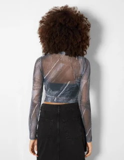 FEMME BERSHKA Tee-shirts*Top manches longues tulle effet denim