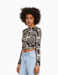 FEMME BERSHKA Tee-shirts*T-shirt à manches longues imprimé