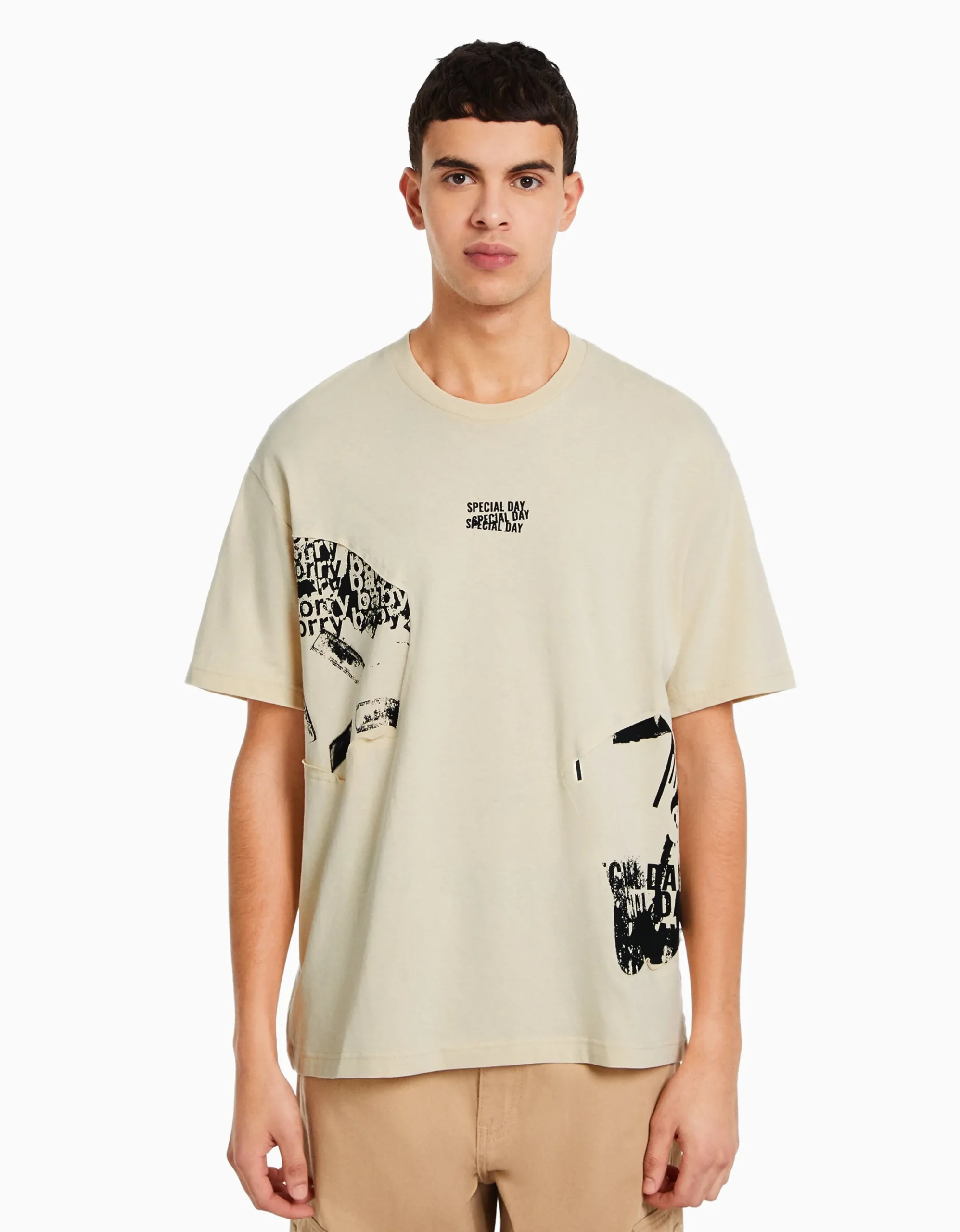 HOMME BERSHKA Vêtements*T-shirt boxy manches courtes imprimé