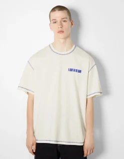 HOMME BERSHKA Tee-shirts*T-shirt manches courtes boxy fit fil contraste imprimé lettering