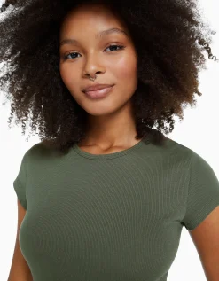 FEMME BERSHKA Personnalisables*T-shirt manches courtes bord côte