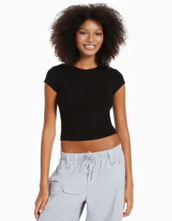 FEMME BERSHKA Personnalisables*T-shirt manches courtes bord côte