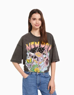 FEMME BERSHKA Tee-shirts*T-shirt manches courtes effet délavé imprimé