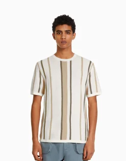 HOMME BERSHKA Tee-shirts*T-shirt manches courtes imprimé rayures verticales