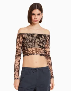 FEMME BERSHKA Tee-shirts*T-shirt manches longues Bardot tulle