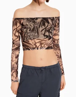 FEMME BERSHKA Tee-shirts*T-shirt manches longues Bardot tulle