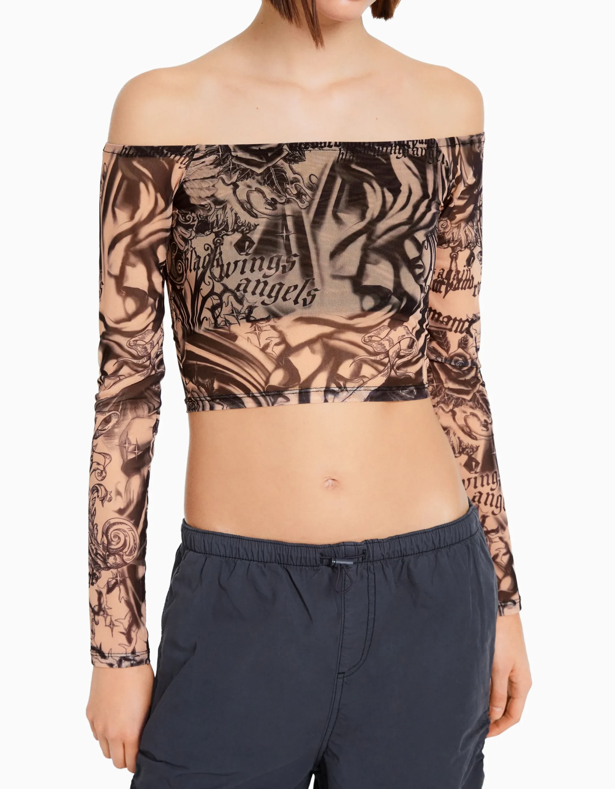 FEMME BERSHKA Tee-shirts*T-shirt manches longues Bardot tulle