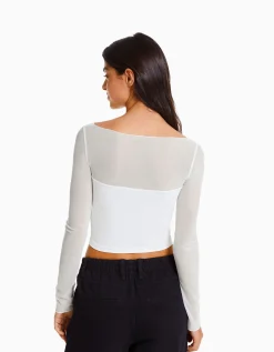 FEMME BERSHKA Tee-shirts*T-shirt manches longues cropped tissu contrastant