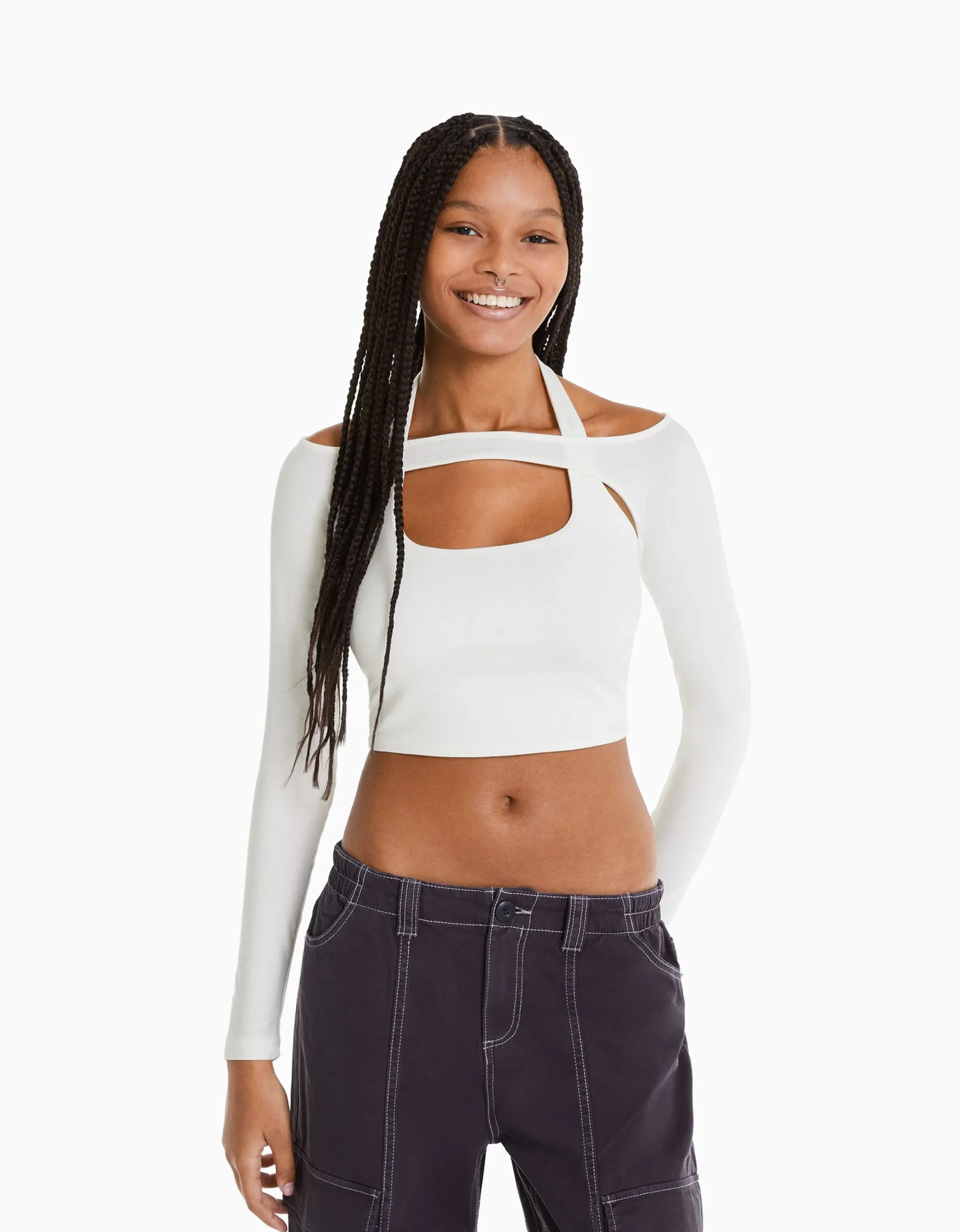 FEMME BERSHKA Vêtements*T-shirt manches longues détail encolure