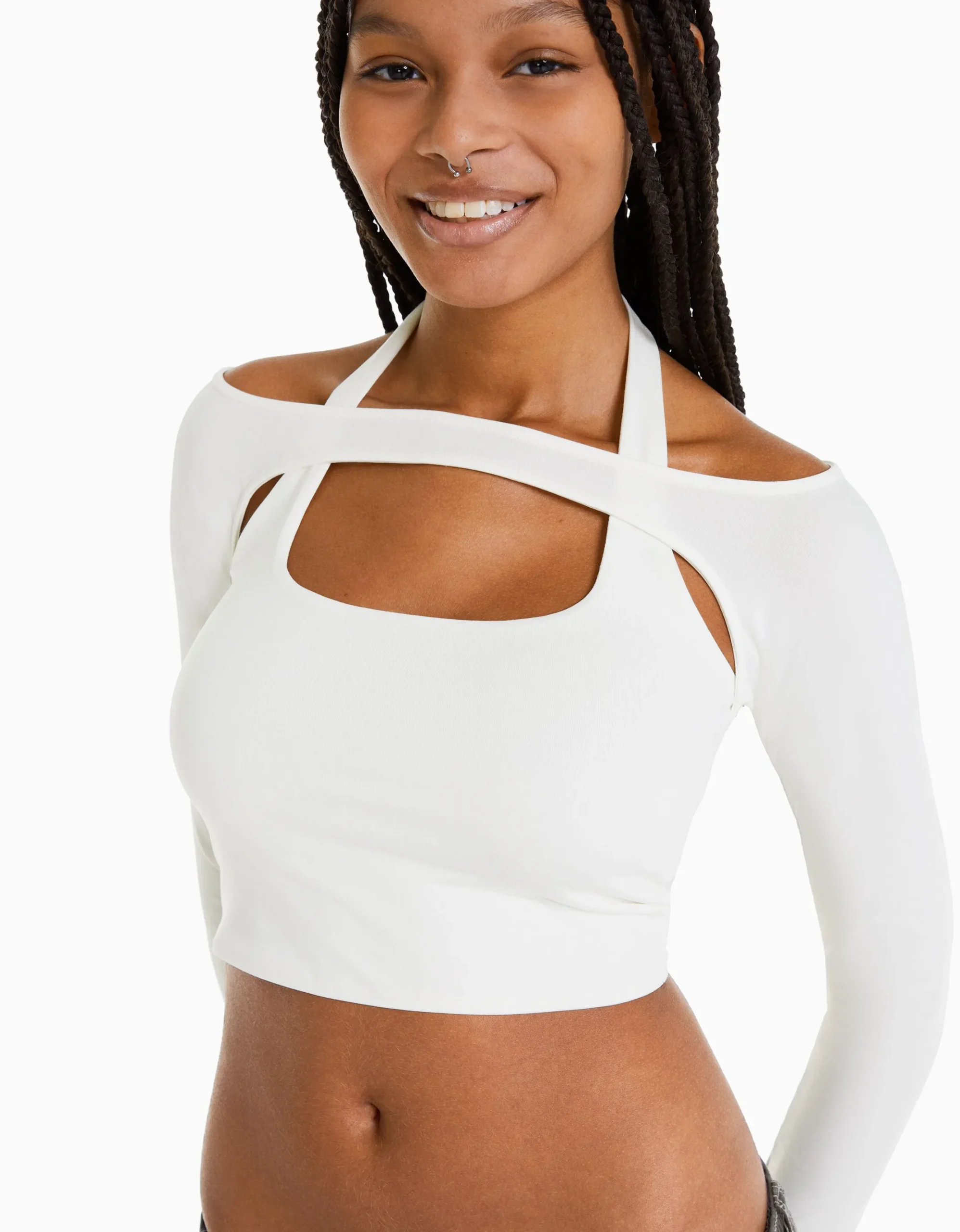 FEMME BERSHKA Vêtements*T-shirt manches longues détail encolure