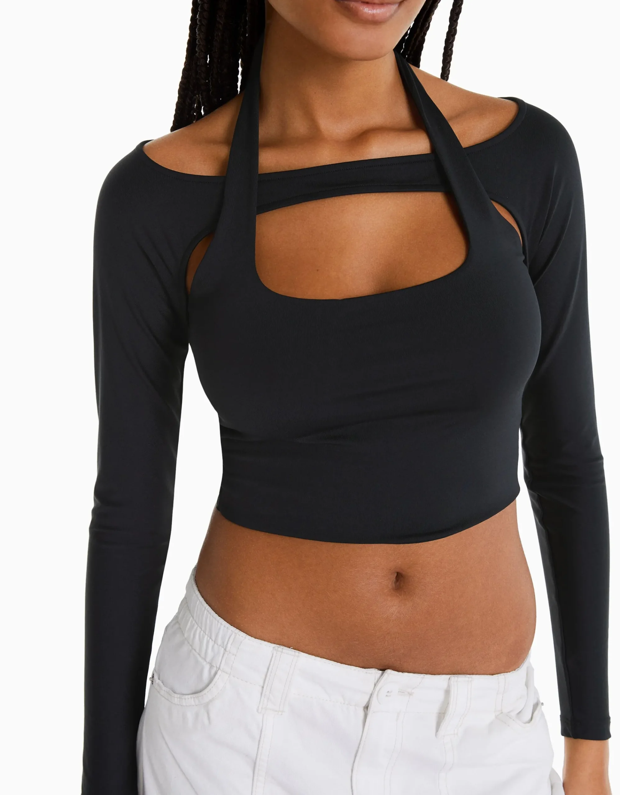 FEMME BERSHKA Vêtements*T-shirt manches longues détail encolure