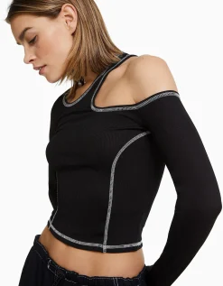 FEMME BERSHKA Tee-shirts*T-shirt moulant manches longues fil contraste