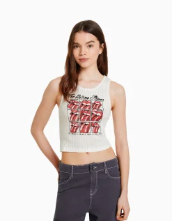 FEMME BERSHKA Tee-shirts*T-shirt sans manches maille pointelle imprimé The Rolling Stones